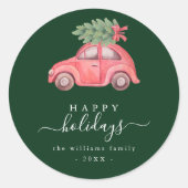 Pink Car Happy Holiday Script Round Sticker (Devant)