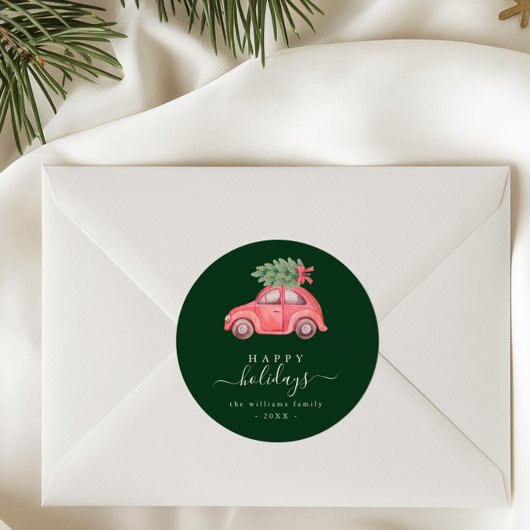 Pink Car Happy Holiday Script Round Sticker