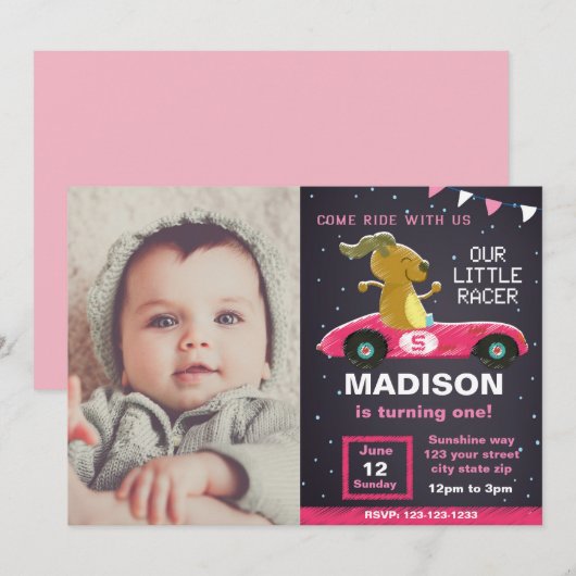 Pink Car Racer Anniversaire Invitation avec photo (Devant / Derrière)