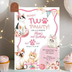 Pink Cat Ready Two Pawty 2e Invitation anniversair