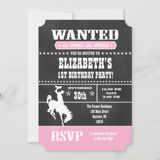 Pink Chalkboard Cowboy Invitation d'anniversaire (Devant)