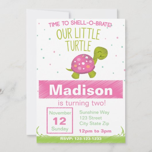 Pink Chalkboard Turtle Birthday Invitation Kaart (Voorkant)