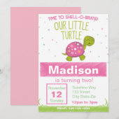 Pink Chalkboard Turtle Birthday Invitation Kaart (Voorkant / Achterkant)