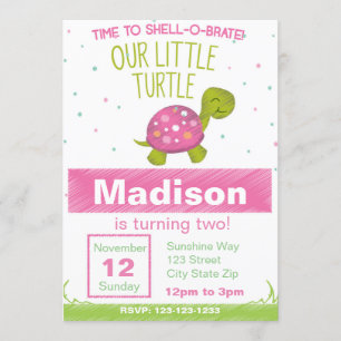 Pink Chalkboard Turtle Birthday Invitation Kaart
