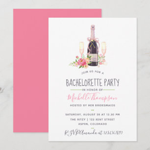 Pink Champagne Peony Waterverf Bachelorette Party Kaart