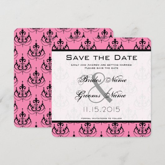 Pink Chandelier Wedding Save the Date Kaart (Voorkant / Achterkant)