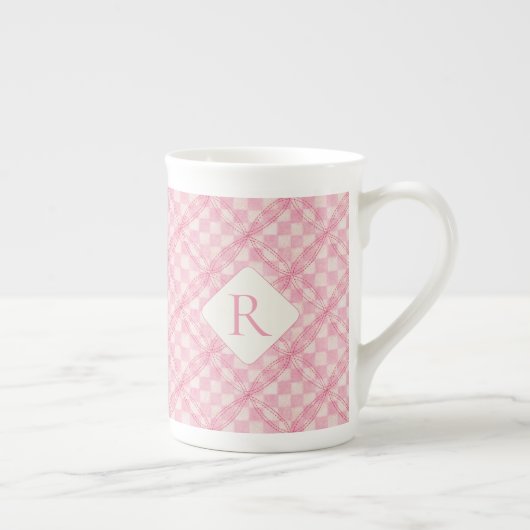 PINK CHECK QUILT Bone Chine Mug + Initial (Droite)