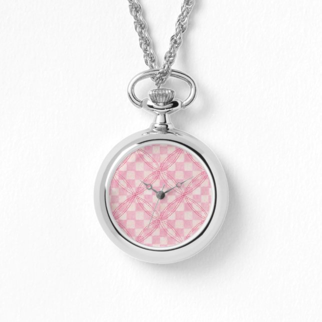 PINK CHECK QUILT Montre Collier Argent (Recto)