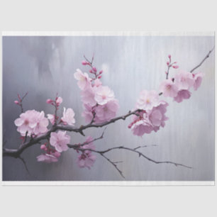 Pink Cherry Blossom Branch Misty Silver Sky Tissuepapier