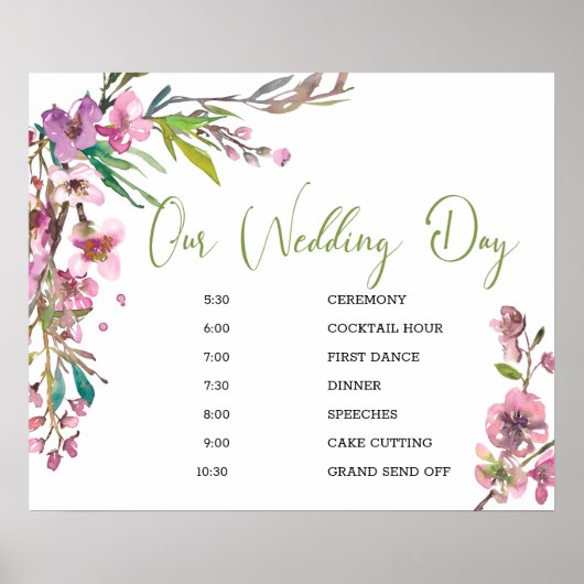 Pink Cherry Blossom Floral Wedding Schedule Sign Poster (Voorkant)