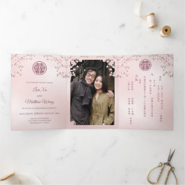 Pink Cherry Blossom | Foto Chinese bruiloft Drieluik Uitnodiging