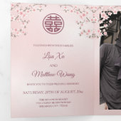 Pink Cherry Blossom | Foto Chinese bruiloft Drieluik Uitnodiging (Binnenzijde eerst)