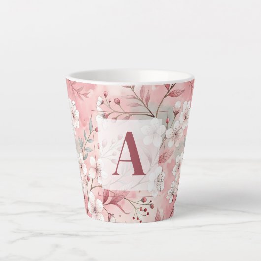 Pink cherry blossom monogram latte mok (Voorkant)