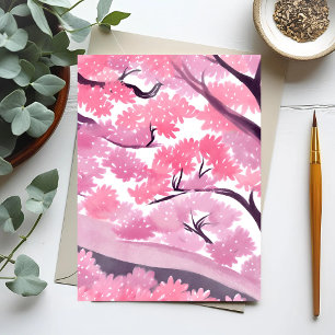 Pink Cherry Blossom   Natuur Waterverf Briefkaart