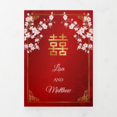 Pink Cherry Blossom Red | Photo Chinese Wedding Drieluik Uitnodiging (Cover)