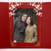 Pink Cherry Blossom Red | Photo Chinese Wedding Drieluik Uitnodiging (Binnenkant midden)