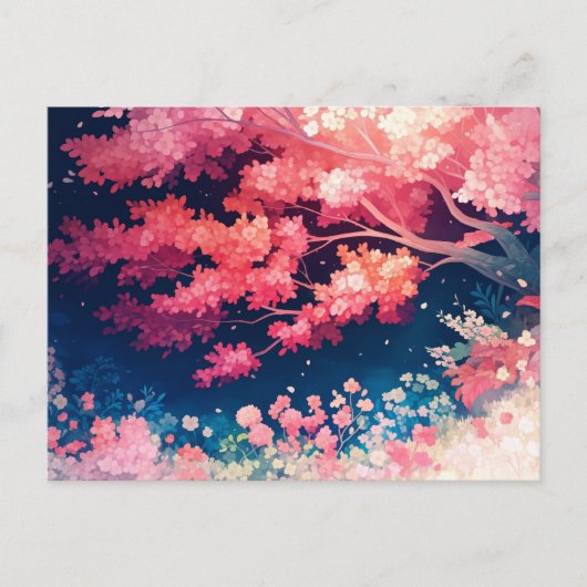 Pink Cherry Blossom Tree at Night Starry Sky Briefkaart (Voorkant)