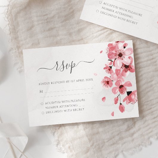 Pink Cherry Blossom Waterverf Floral Wedding RSVP Kaartje