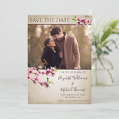 Pink Cherry Blossoms Tan Photo Save the Date (Staand voorkant)