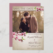 Pink Cherry Blossoms Tan Photo Save the Date (Voorkant / Achterkant)