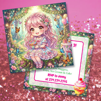 Pink Chibi Girl with Cupcake Birthday Party Kaart