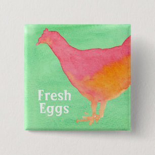 Pink Chicken Boerderij Fresh Eggs Vierkante Button 5,1 Cm