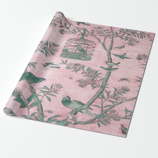 Pink Chinoiserie Bird Decoupage Cadeaupapier (Uitgerold)