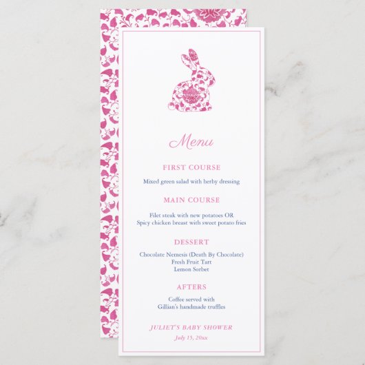 Pink Chinoiserie Bunny Bridal Shower Party Menu (Voorkant / Achterkant)