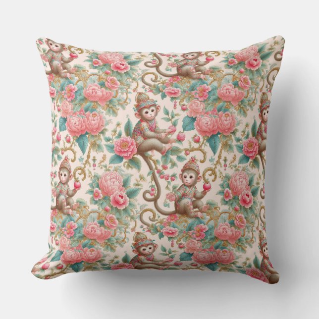 Pink Chinoiserie Monkey Kussen (Voorkant)