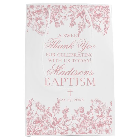 Pink Chinoiserie Vintage Floral Baptism Favors Medium Cadeauzakje (Voorkant)