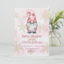 Pink Christmas Gnome Gold Snowflakes Baby Shower