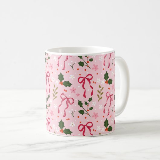 Pink Christmas Holly Bow Mug (Devant droit)