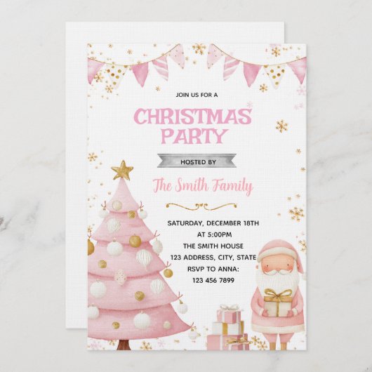 Pink Christmas Party Invitation (Devant / Derrière)