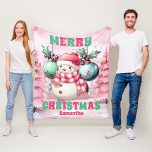 Pink Christmas Snowman Gepersonaliseerde Kinder na Fleece Deken