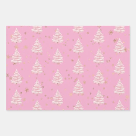 Pink Christmas Tree Gold Snowflakes Inpakpapier Vel (Voorkant)