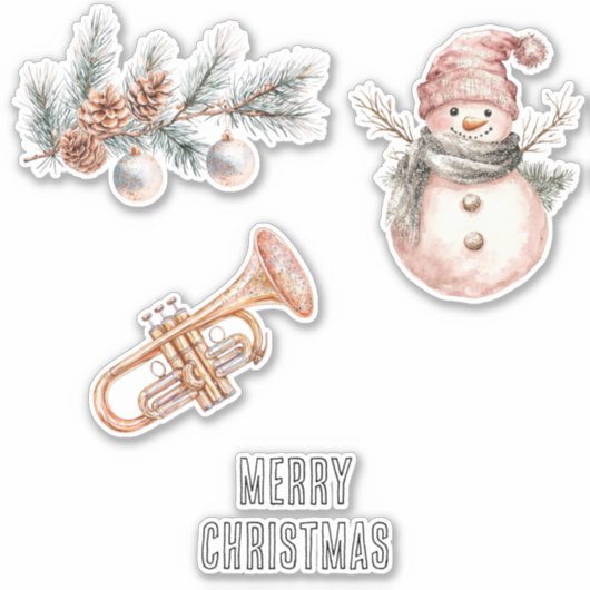Pink Christmas Tree Pine Cones Ornaments Trumpet Sticker (Voorkant)