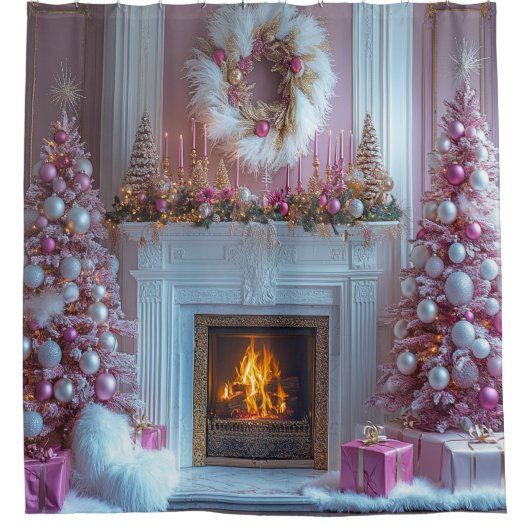 Pink Christmas Tree Pink Candles Fireplace Ostrich Douchegordijn (Voorkant)