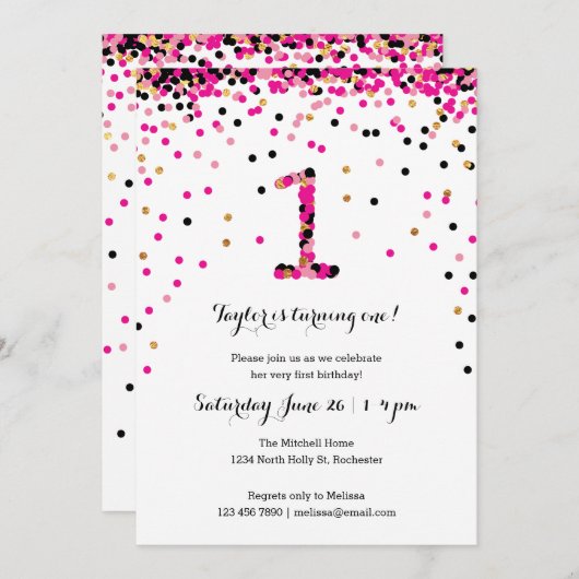 Pink Confetti 1er Anniversaire Invitations Fille (Devant / Derrière)