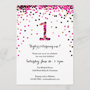 Pink Confetti 1er Anniversaire Invitations Fille