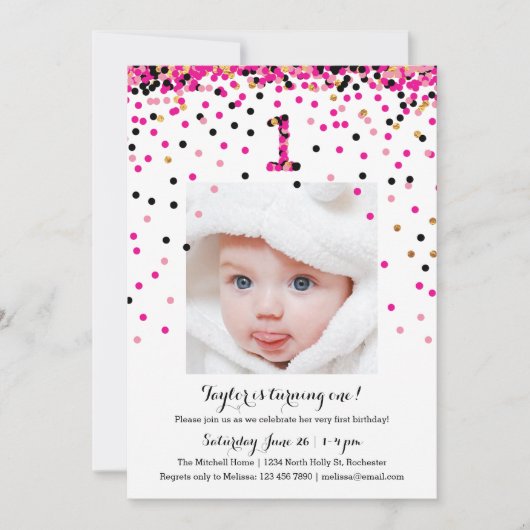 Pink Confetti 1er Anniversaire Photo Invitations F (Devant)