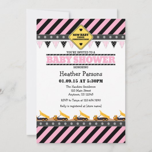 Pink Construction Baby shower Invitation Kaart (Voorkant)