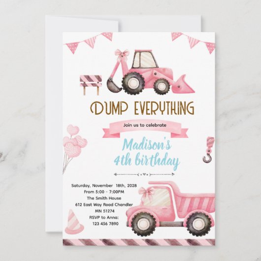 Pink Construction Birthday Invitation (Devant)