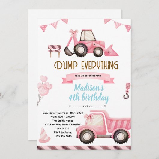 Pink Construction Birthday Invitation (Devant / Derrière)