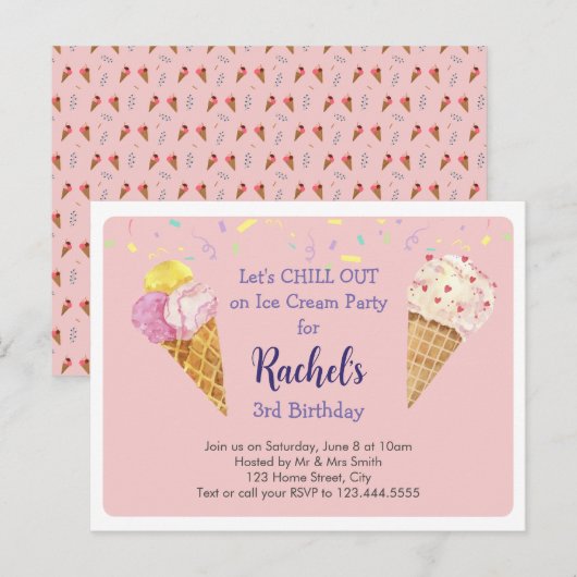 Pink Cool Ice Cream Kids Verjaardagsfeestje Uitnodiging Briefkaart (Voorkant / Achterkant)
