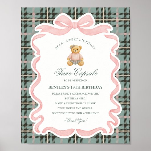 Pink Coquette Bow Bear Birthday Time Capsule Poster (Voorkant)