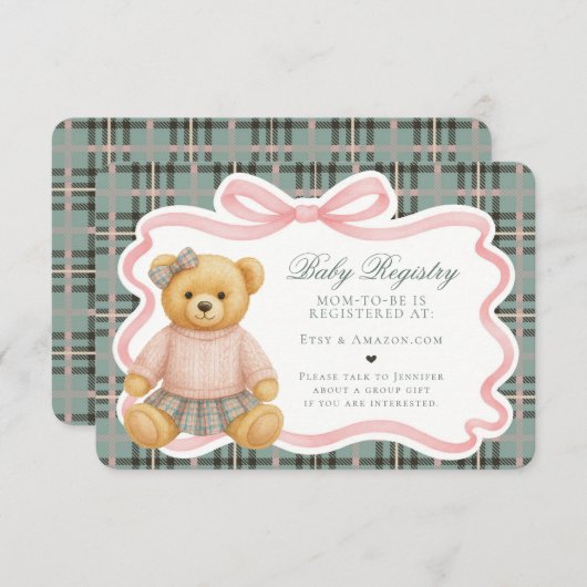 Pink Coquette Bow Bear Plaid Baby Registry Card Informatiekaartje (Voorkant / Achterkant)