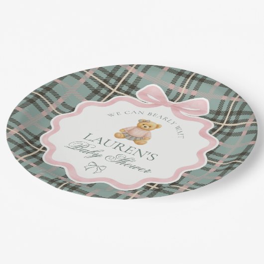 Pink Coquette Bow Bear Plaid Baby Shower Papieren Bordje (Gekanteld)