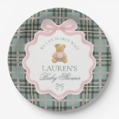 Pink Coquette Bow Bear Plaid Baby Shower Papieren Bordje (Voorkant)