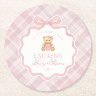 Pink Coquette Bow Bear Plaid Baby Shower  Ronde Kartonnen Onderzetter
