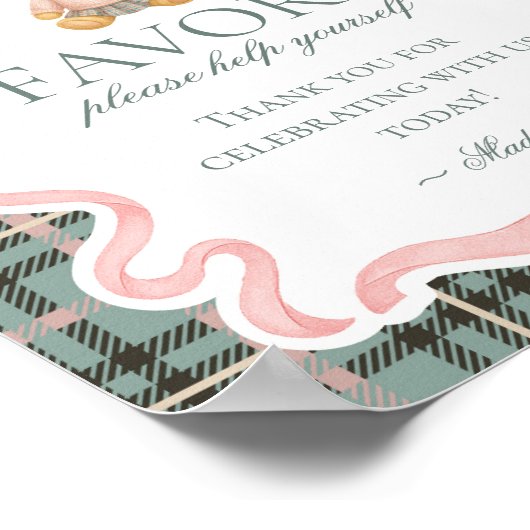 Pink Coquette Bow Bear Plaid Party Favors Sign Poster (Hoek)